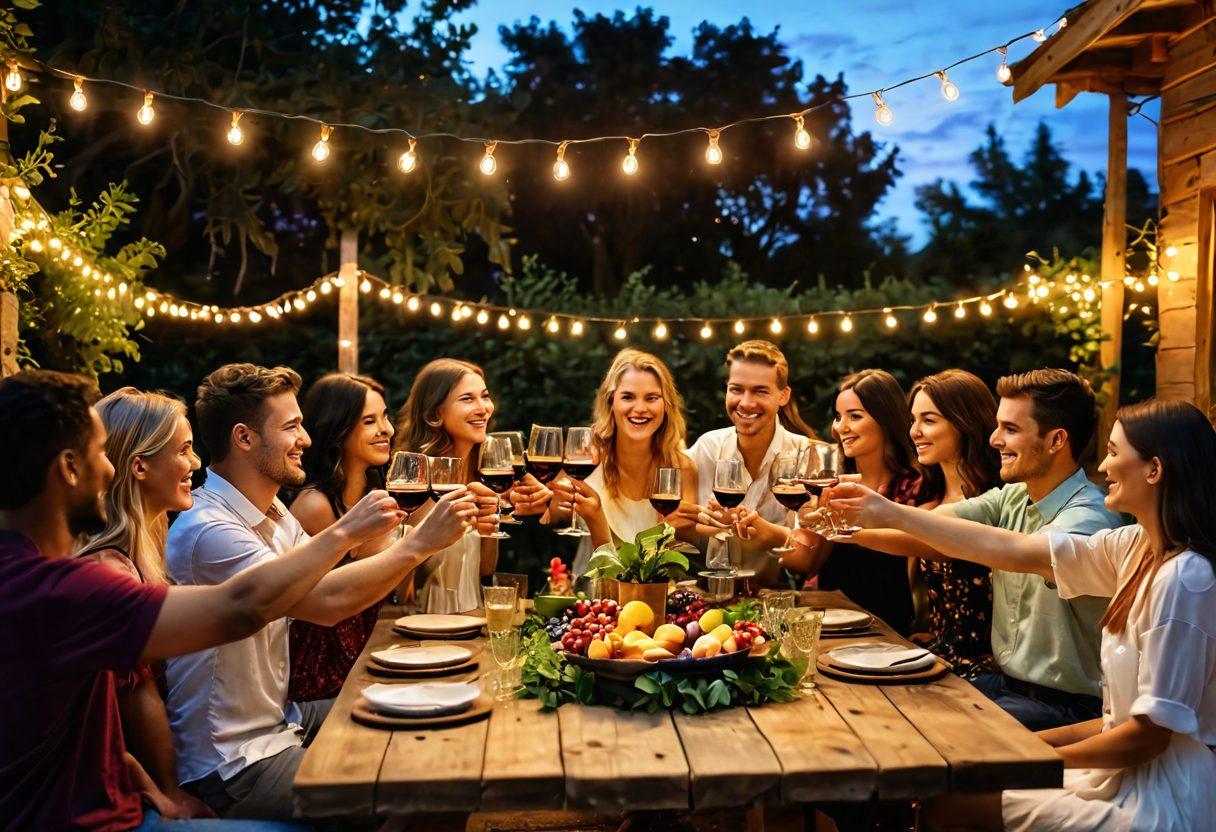 A lively outdoor gathering with diverse groups of friends toasting with glasses of wine, surrounded by fairy lights and lush greenery. A rustic wooden table is adorned with an array of wine bottles and colorful fruits, while laughter and conversation fill the air, reflecting warmth and connection. The golden hour light creates a magical ambiance above the scene. super-realistic. vibrant colors. 3D.