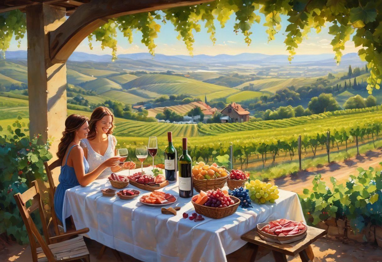 A whimsical vineyard scene with lush grapevines, clusters of ripe grapes, and people joyfully gathering around a rustic table filled with wine glasses and charcuterie. Soft sunlight filters through the leaves, casting a warm glow on their smiling faces, capturing a moment of togetherness and bliss. Include delicate flowers and serene hills in the background. vibrant colors. painting.