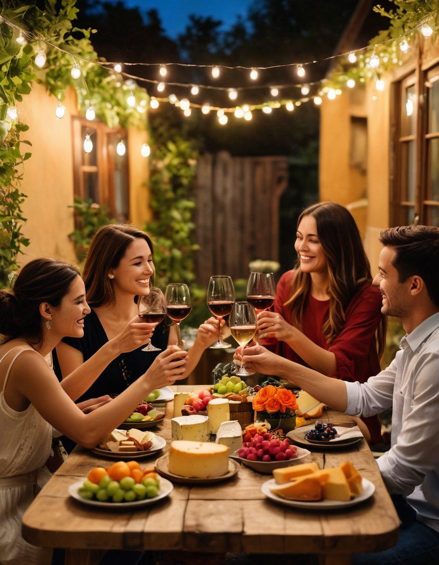 A warm gathering of diverse friends clinking wine glasses in a cozy, beautifully set outdoor garden with twinkling fairy lights. A wooden table adorned with a spread of assorted cheeses, fruits, and a vibrant bouquet of flowers in the center, evoking a sense of joy and connection. The scene radiates laughter and happiness, with soft warm lighting illuminating the smiles on their faces. painterly style. rich, warm colors. enchanting atmosphere.